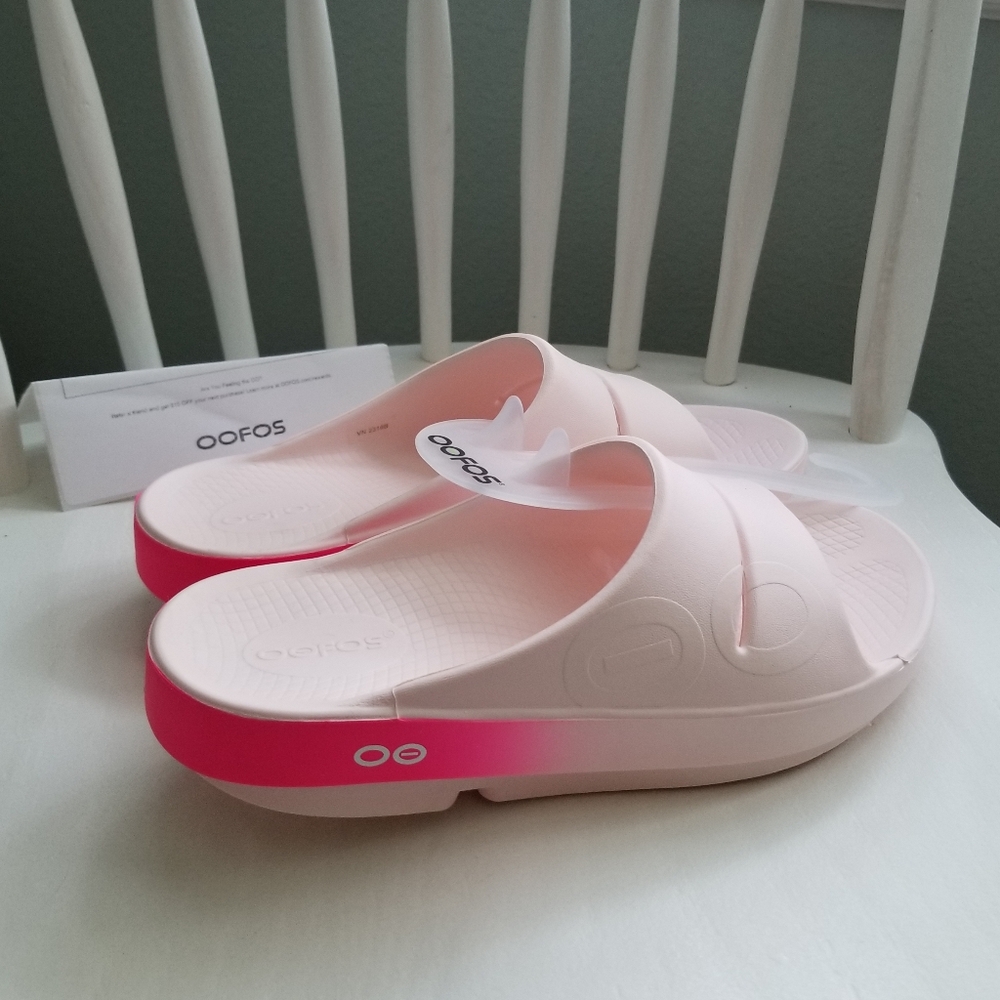 Oofos Ooaah pink neon fade sport slides 8